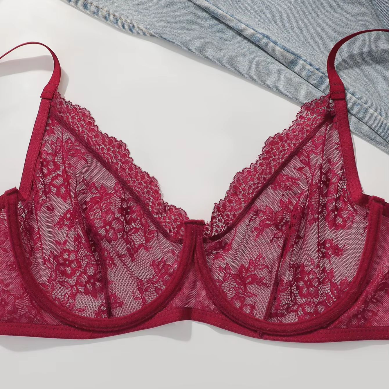 Women Plus Size Red Lace Sheer - Sheer Mesh Bra ulasan dan harga